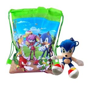 7” Plush Sonic the Hedgehog Drawstring Backpack Bag Gift Set